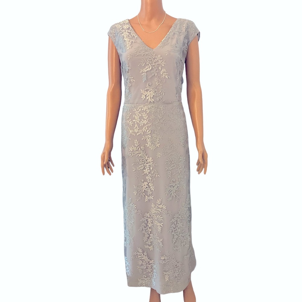 Lauren Ralph Lauren silver special occasion maxi dress.
